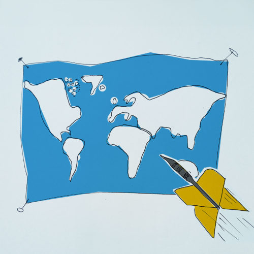 eine weltkarte und ein ein dartpfeil