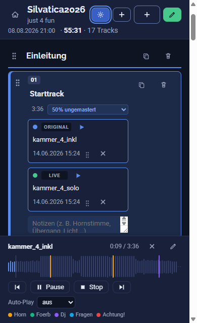Der Player des Konzertplaners mit Wellenform und farbigen Zeit-Markern