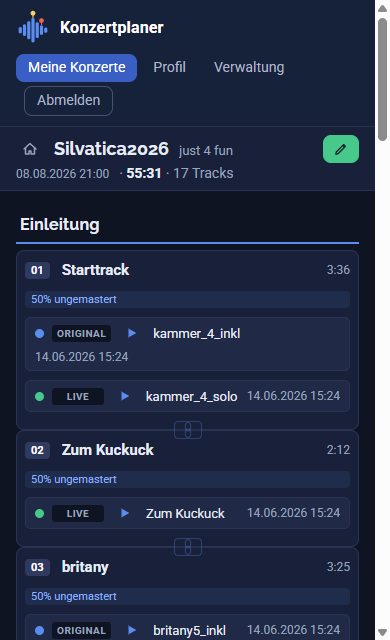 Der Programm-Editor des Konzertplaners mit Abschnitten, Status und Track-Slots