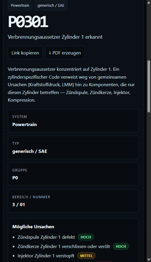Code-Detailseite P0301 im obdexer mit Ursachen und Wahrscheinlichkeiten