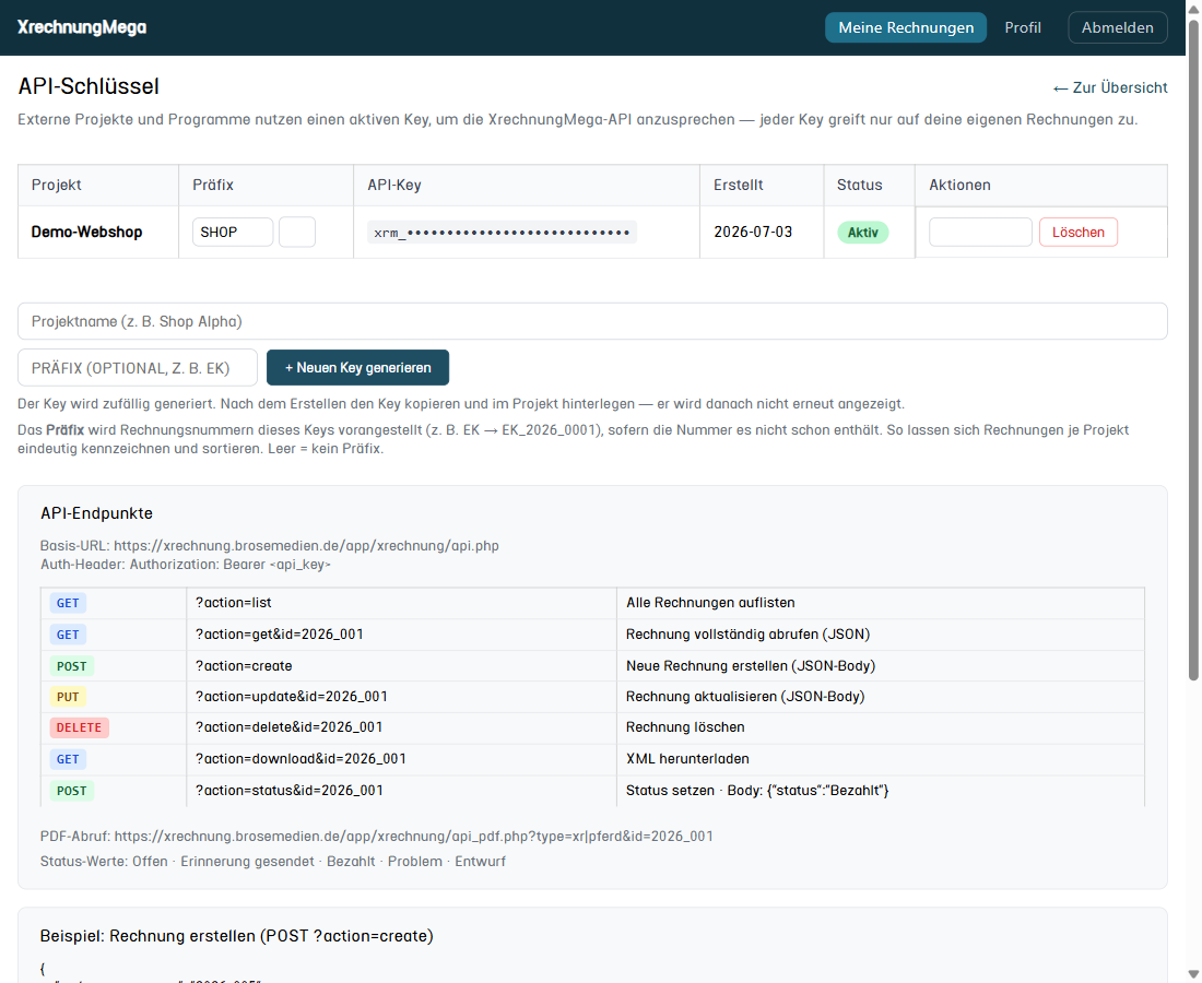 Die API-Seite von XrechnungMega mit Key-Verwaltung und Endpunkte-Tabelle