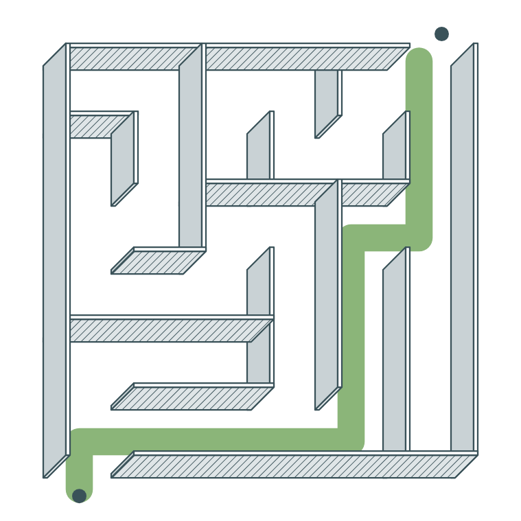 Fertiges 3D-Labyrinth auf weißem Grund: Wände mit schraffierten Vorderseiten, grüner Weg vom Eingang unten links zum Ausgang oben rechts