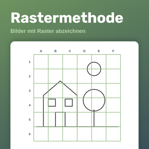 Rastermethode – Strichzeichnung unter einem Raster aus 6 mal 6 Kästchen