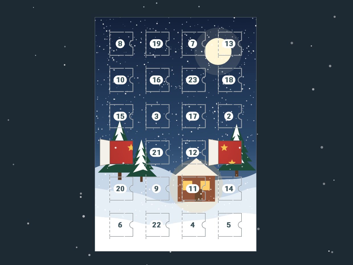 Flacher Adventskalender mit Winterbild und 24 nummerierten Türchen, zwei davon offen