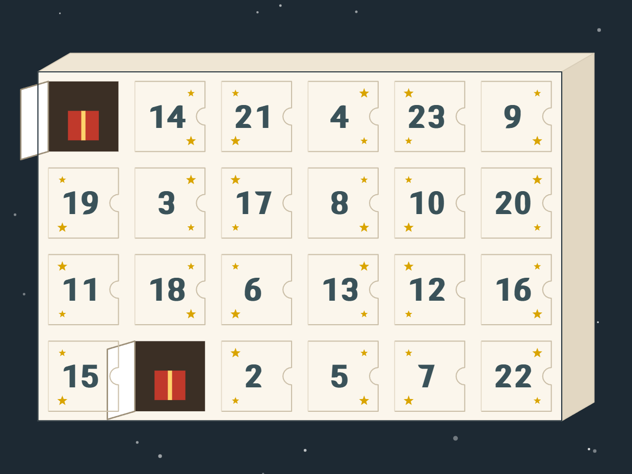 Adventskalender als Kasten aus Karton mit 24 Türchen mit Nummern und Sternen, zwei Türchen offen, in den Fächern je ein Geschenk