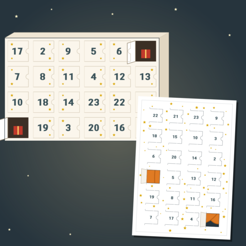 Zwei selbst gebastelte Adventskalender: ein flacher Kalender mit Foto und ein Kasten aus Karton mit 24 nummerierten Türchen, je zwei Türchen offen