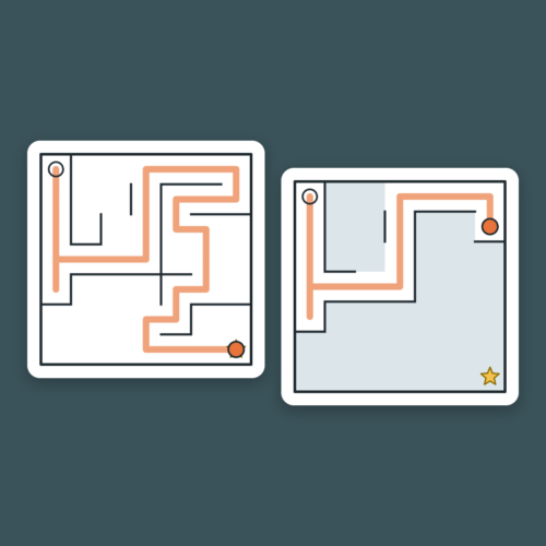 Zwei Labyrinthe aus 7 × 7 Feldern: links ein fertiges Labyrinth mit dem gelaufenen Weg zum Stern, rechts dasselbe Spiel im Nebel – nur die betretenen Felder und ihre Mauern sind sichtbar