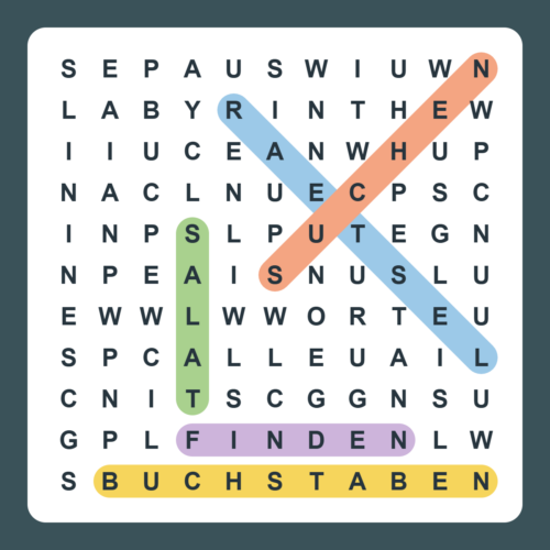 Buchstabensalat: Buchstabengitter, in dem die Wörter Buchstaben, Salat, Rätsel, Suchen und Finden farbig eingekreist sind