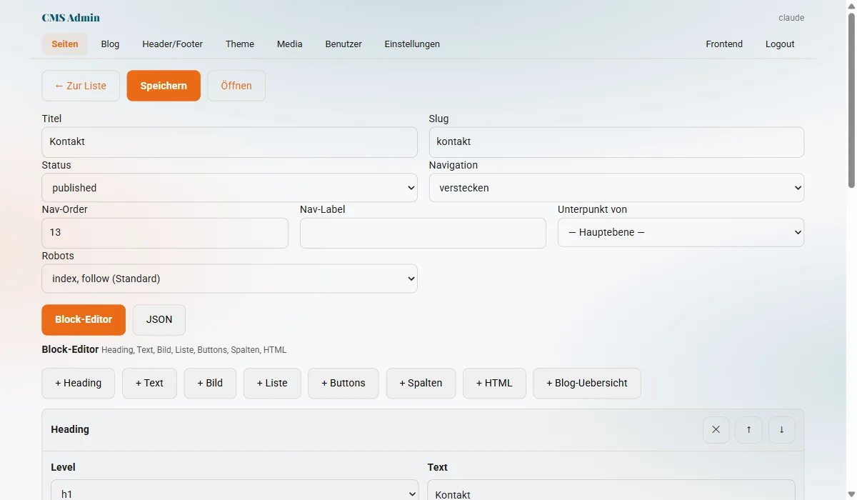 Der Block-Editor im CMF-Admin: Felder für Titel, Slug, Status und Navigation, darunter Knöpfe für Überschrift, Text, Bild, Liste, Buttons, Spalten und HTML