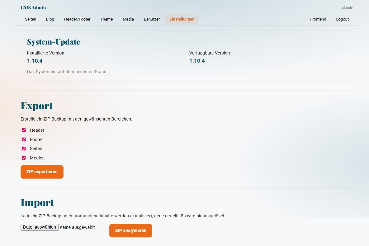 Die Einstellungen im CMF-Admin mit System-Update per Klick, Export und Import