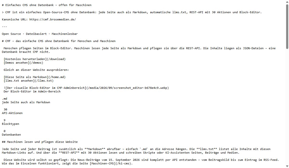 Dieselbe CMF-Startseite als Markdown: reiner Text mit Überschriften, Links und Bildverweisen, wie ihn KI-Assistenten lesen