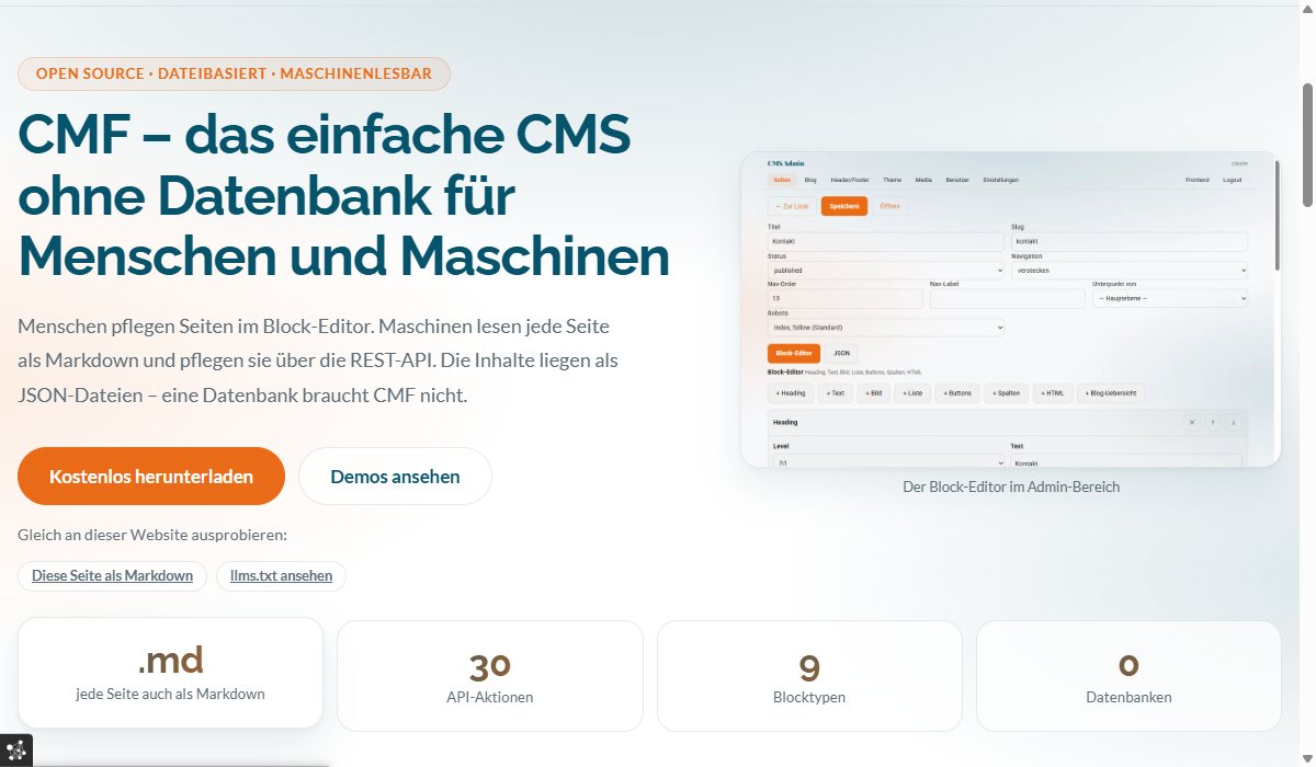 Startseite von cmf.brosemedien.de: „CMF – das einfache CMS ohne Datenbank für Menschen und Maschinen“ mit Download-Knopf und Kennzahlen