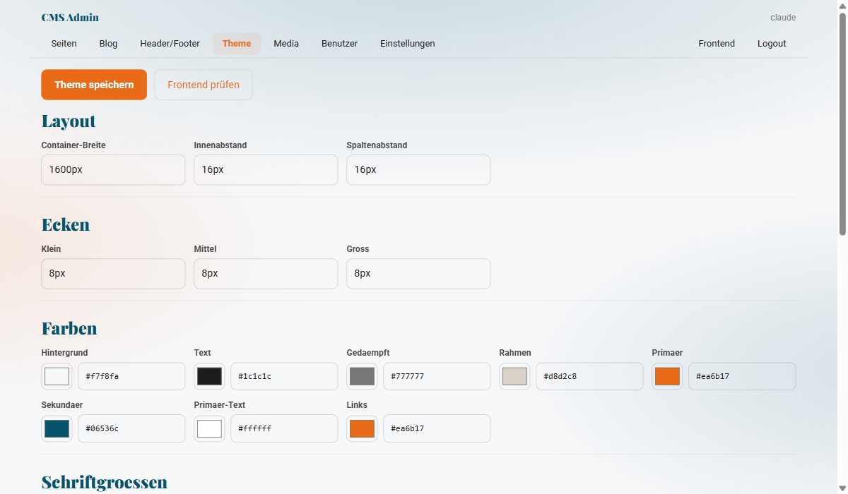 Der Theme-Editor im CMF-Admin: Container-Breite, Abstände, Ecken und Farben als einfache Eingabefelder