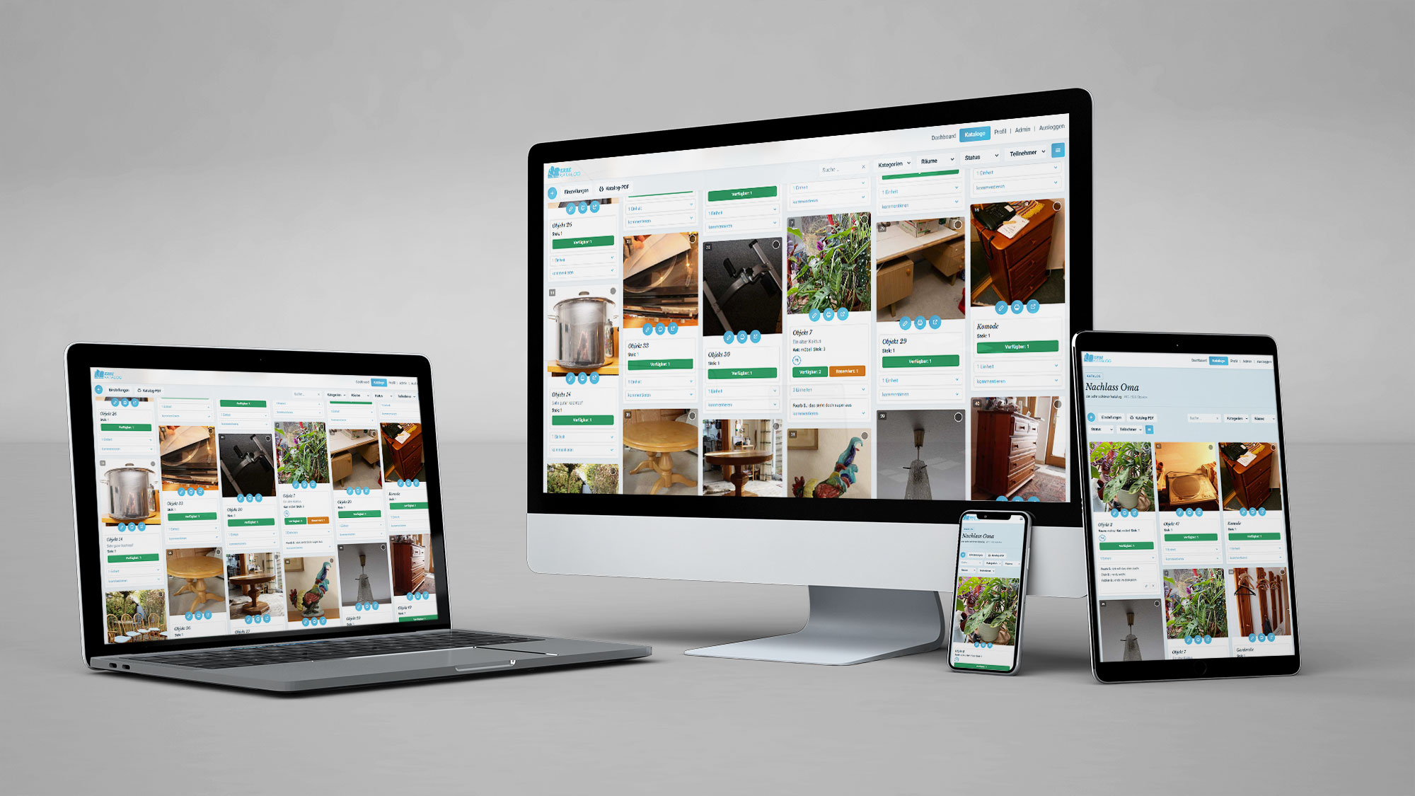 Erbekatalog auf Laptop, Monitor, Tablet und Handy: ein Nachlass-Katalog mit fotografierten Gegenständen als Kacheln