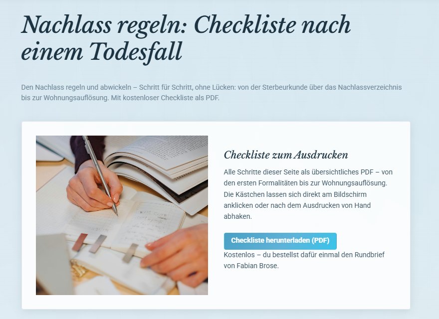 Die Nachlass-Checkliste auf erbekatalog.de mit Knopf zum PDF-Download