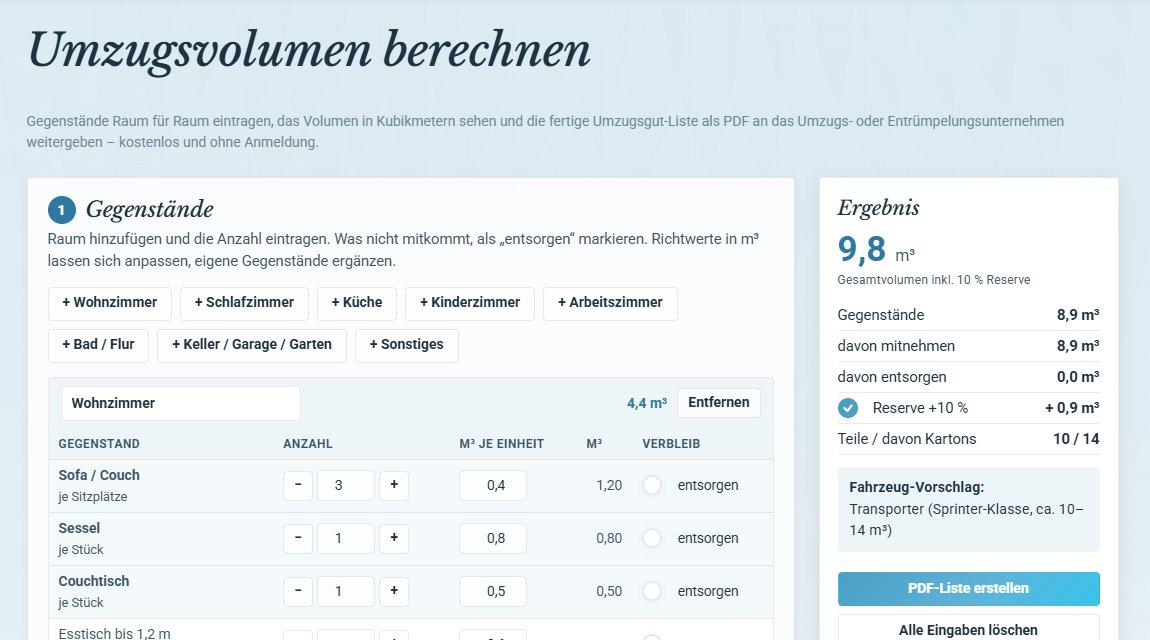 Der Umzugsvolumen-Rechner auf erbekatalog.de: Wohnzimmer-Gegenstände mit Anzahl, rechts das Ergebnis 9,8 m³ und ein Fahrzeug-Vorschlag