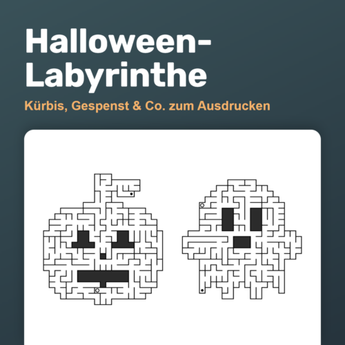 Halloween-Labyrinth als Kürbis und als Gespenst, jeweils mit dunkel ausgefülltem Gesicht
