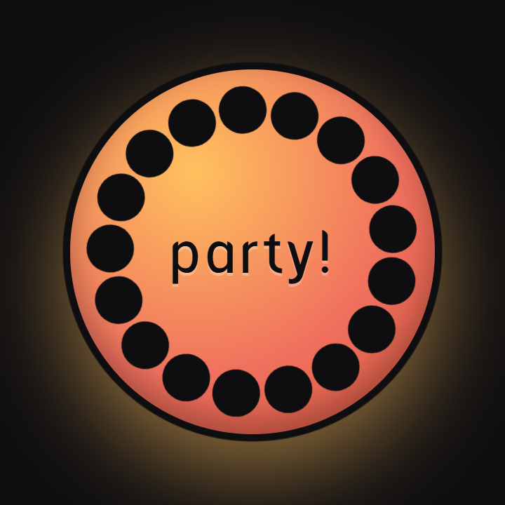 Der Party-Knopf von Ingo & Foerb: ein glühender orangefarbener Knopf mit Punktekranz und der Aufschrift „party!“ – führt zur Bandseite