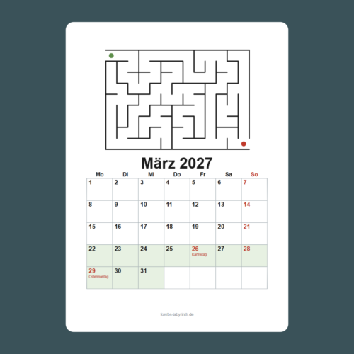 Kalenderblatt März 2027 mit Labyrinth oben, Feiertagen und farbig markierten Osterferien