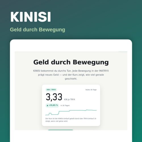 KINISI – Geld durch Bewegung: Startseite von KINISI mit dem Kurs 3,33 KIN je TRYX auf weißer Karte vor Petrol-Verlauf