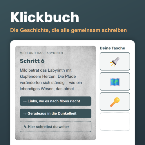 Eine Seite aus dem Klickbuch: Milo betritt das Labyrinth, darunter zwei Wege und ein offener Weg zum Weiterschreiben, daneben die Tasche mit Taschenlampe, Karte und Schlüssel