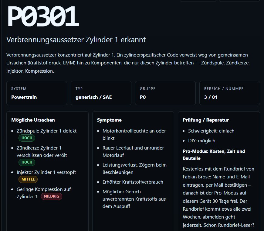 Der Code P0301 im obdexer: Erklärung, Einordnung als Powertrain/generisch, Ursachen mit Wahrscheinlichkeit, Symptome sowie Prüfung und Reparatur