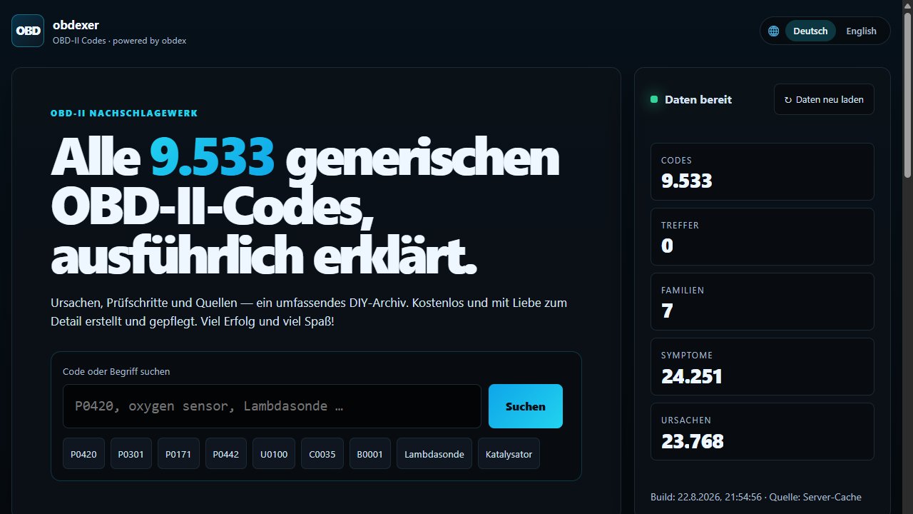 Startseite des obdexer: „Alle 9.533 generischen OBD-II-Codes, ausführlich erklärt“ mit Suchfeld und den Zahlen 24.251 Symptome und 23.768 Ursachen