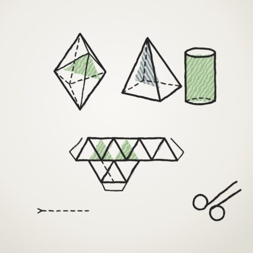 Gezeichneter Oktaeder, Pyramide und Prisma mit einem aufgeklappten Netz