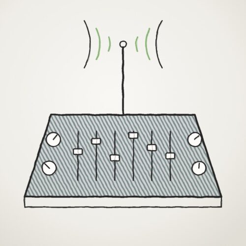Gezeichnetes Pult mit Reglern und Funkantenne