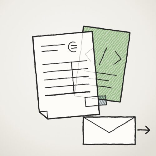 Gezeichnete Rechnung mit Eurozeichen, XML-Blatt und Briefumschlag