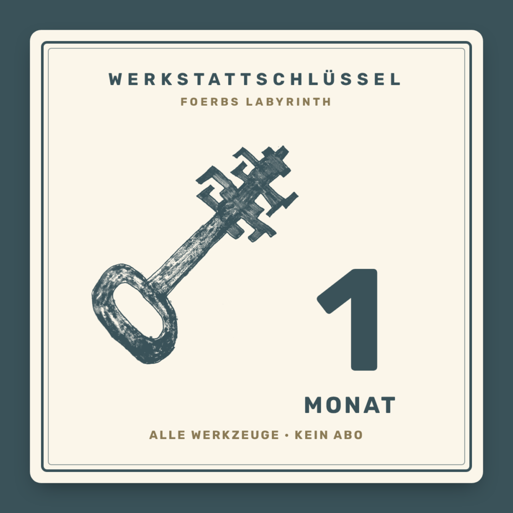 Werkstattschlüssel für 1 Monat: Foerbs gezeichneter Schlüssel auf einer cremefarbenen Karte mit großer 1